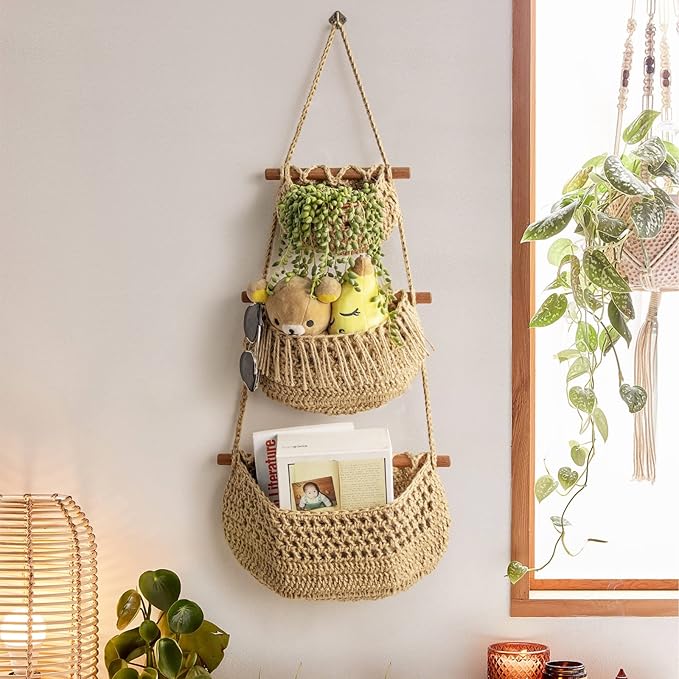Hanging Fruit Basket, 3 Tier Over the Door Organizer, Handmade Woven Jute Wall