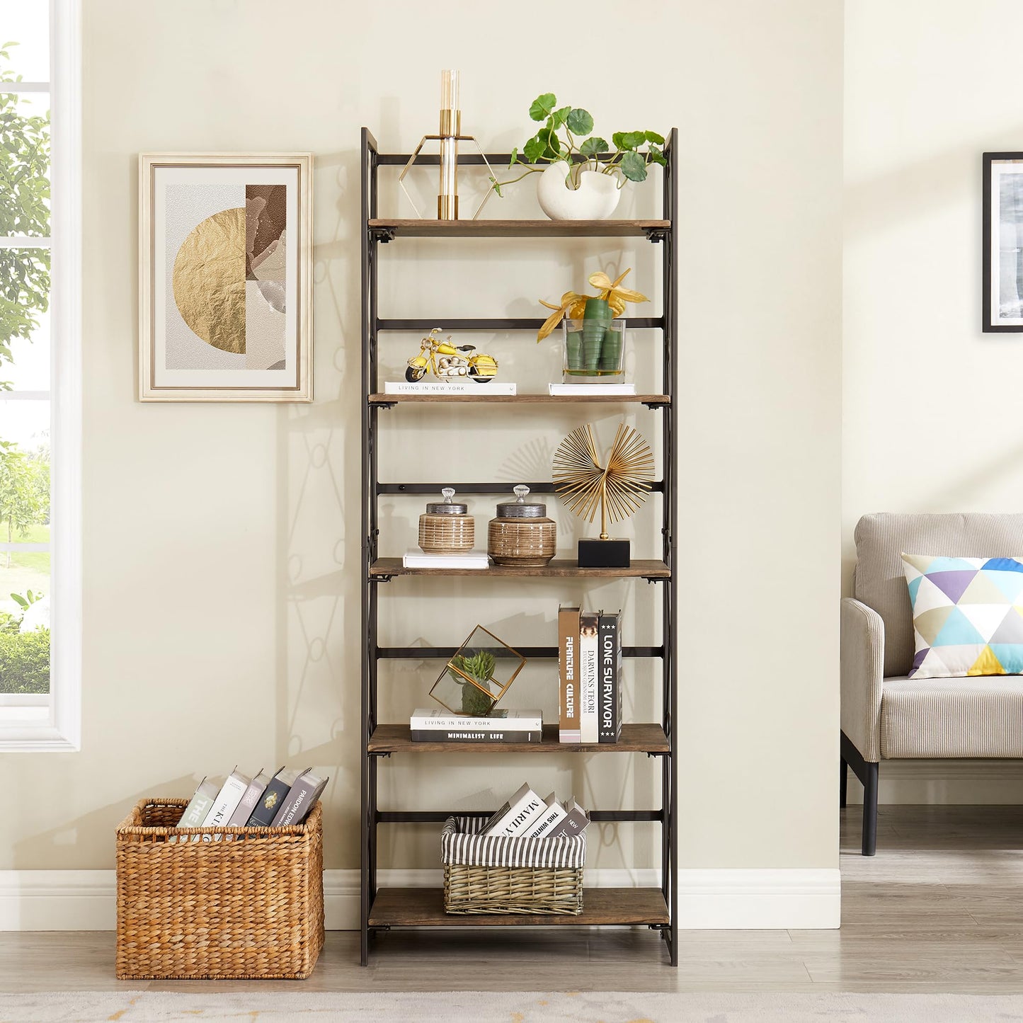VECELO Folding Bookshelf, 5 Shelf Folding Bookcase No Assembly, Industrial Metal Freestanding Shelves Rack Organizer for Living Room, Office, Bedroom, Kitchen