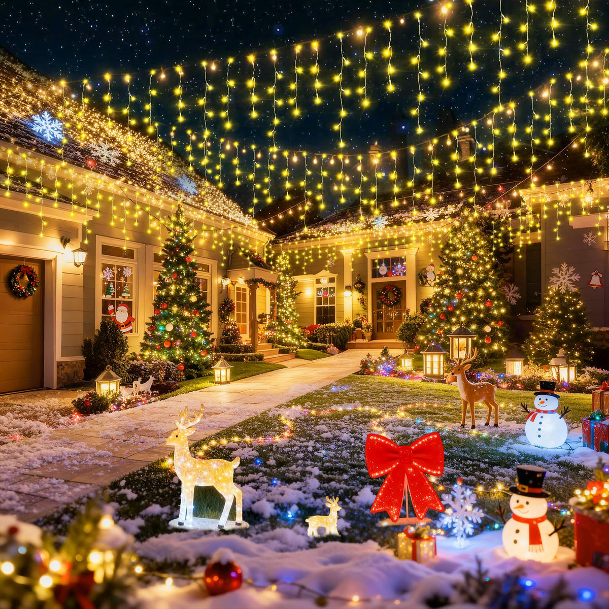 Hezbjiti Outdoor Christmas Lights, 400LED Ice Lights 33FT LED Fairy String Lights with 8 Modes and 75 Drops for Eaves, Party, Yard, Garden Decor（Warm White）