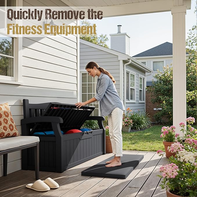 80-Gallon Outdoor Storage Bench with Cushion, Lockable Waterproof Deck Box with Armrests for Patio, Garden, Pool, Black