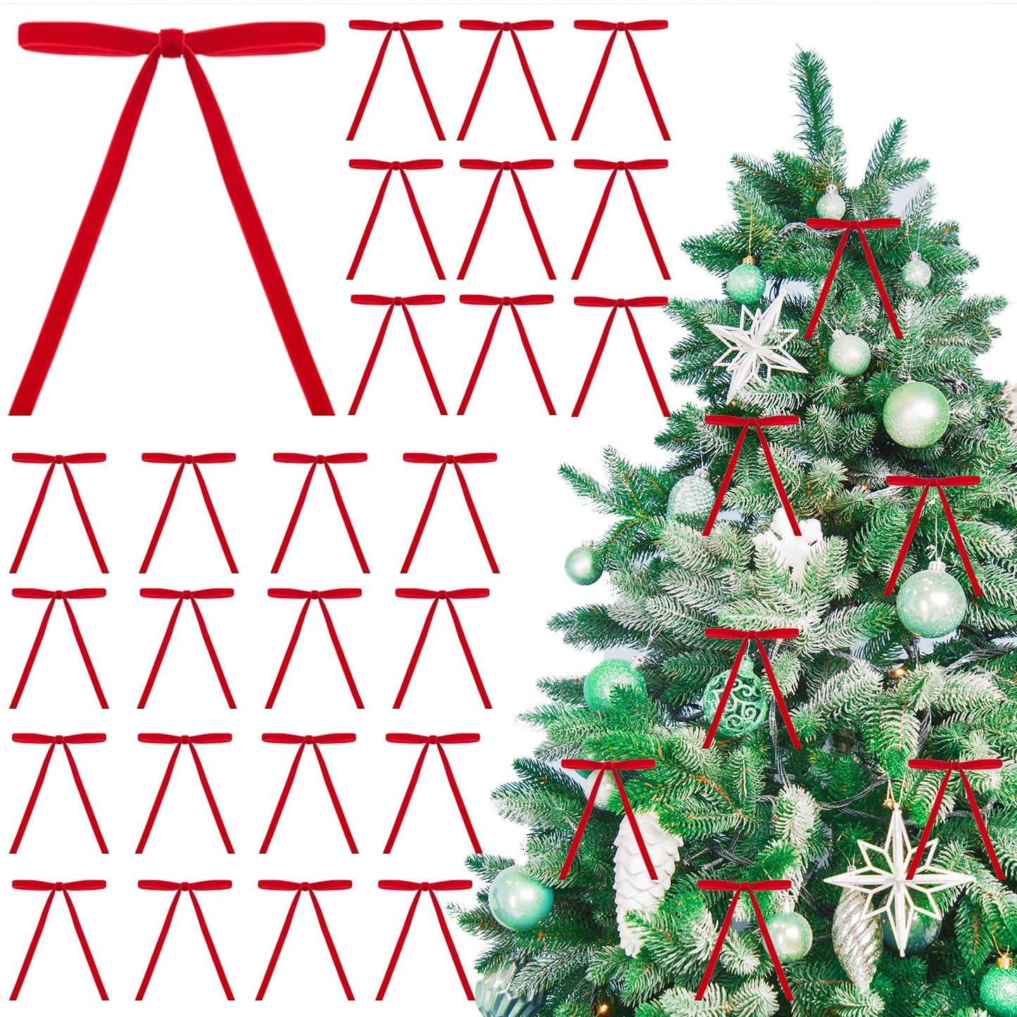 26 Pcs Velvet Christmas Tree Bows Ornaments, 5x7 Inch, 3/8" Wide, Craft Ribbon Bows for Garland Wreath Indoor Outdoor Xmas Decorations, Red