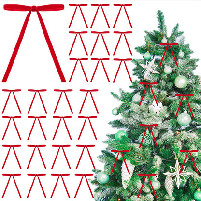26 Pcs Velvet Christmas Tree Bows Ornaments, 5x7 Inch, 3/8" Wide, Craft Ribbon Bows for Garland Wreath Indoor Outdoor Xmas Decorations, Red