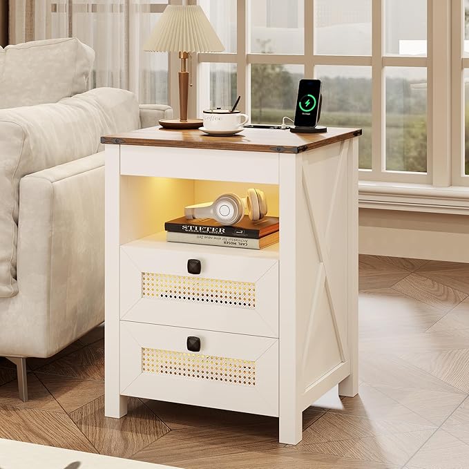 FREDEES Nightstand Set 2 with Gun Drawer, Bed Side Table with Charging Station