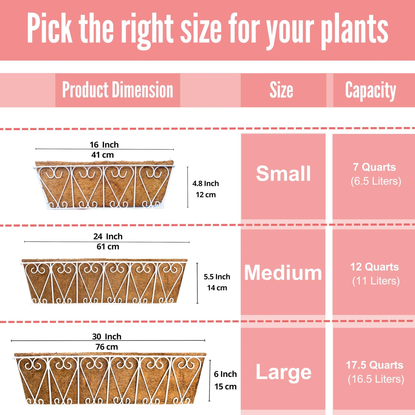 LaLaGreen Wall Hanging Planter - 2 Pack, 16 Inch Deck Railing Planter, Window Flower Boxes Basket Outdoor White Deck Railing Hanging Pot Coco Liner Metal Plant Holder Fence Planter Balcony Patio Porch