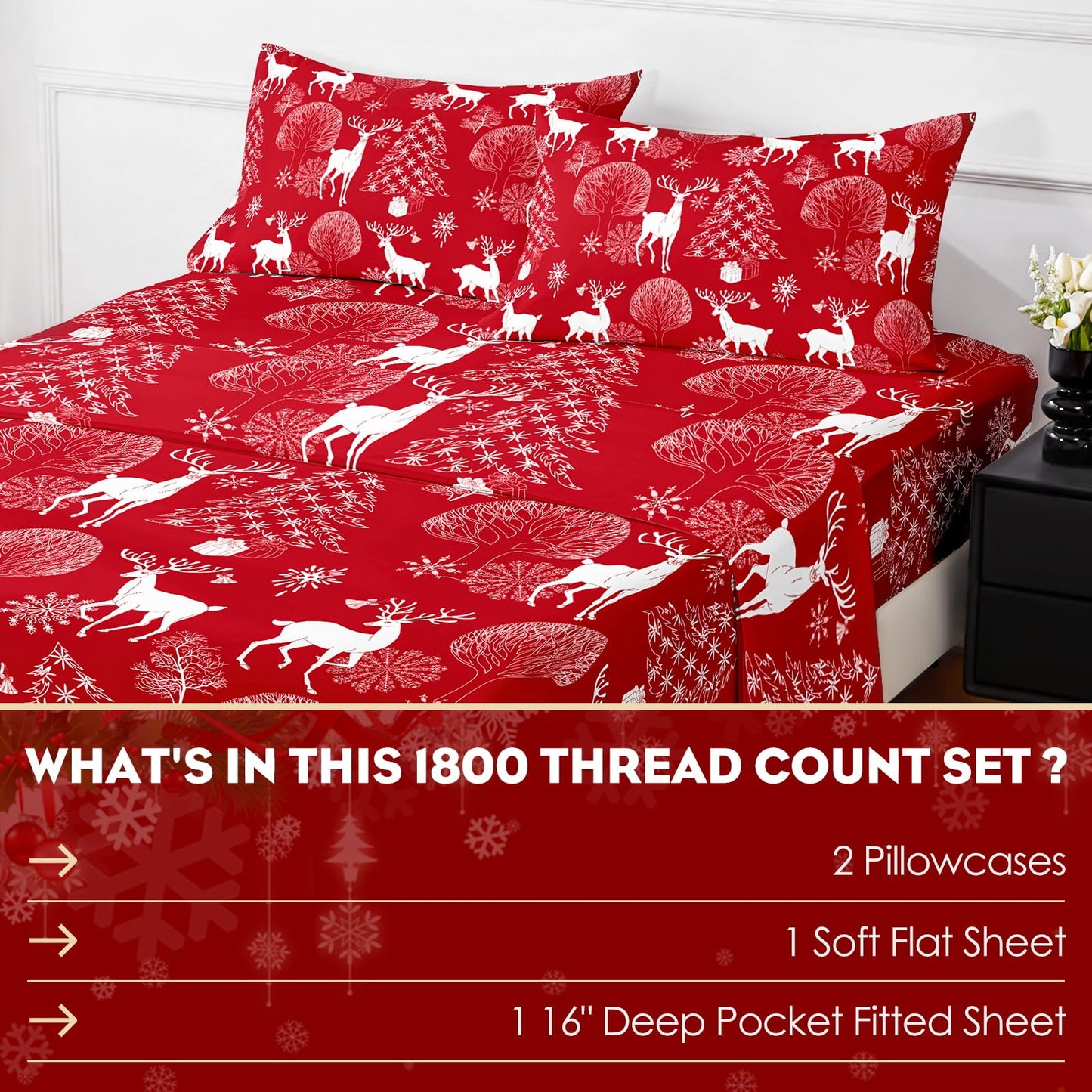 HCORA Christmas Queen Sheet Set, Luxury 1800TC Hotel Quality Double Brushed Microfiber Deep Pocket Bed Sheets, Ultra Soft, Breathable, 4PC, Queen Size