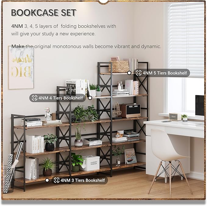4NM 5 Tiers No Assembly Book Shelves, 51.2" H Folding Bookshelf Bookcase Open