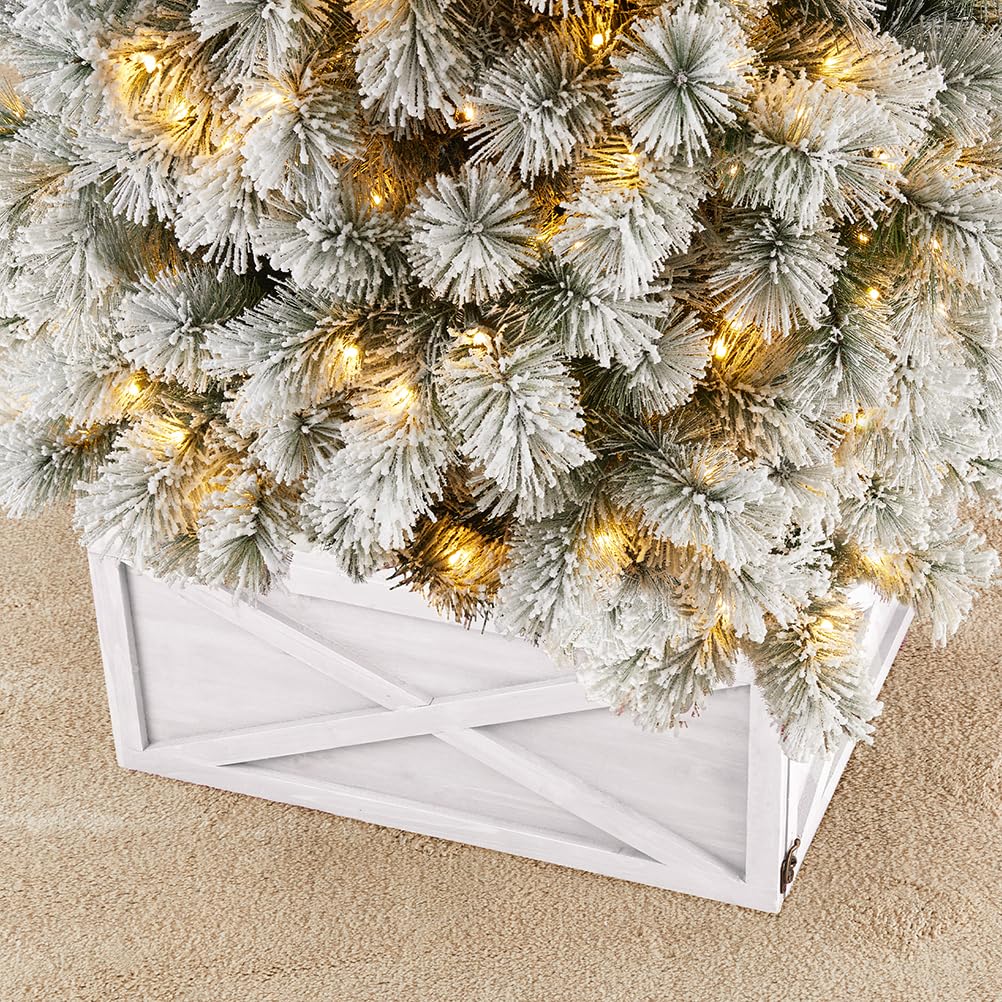 Glitzhome Christmas Tree Collar, Christmas Tree Base Cover, 22" L Washed White Wooden Tree Collars for Artificial Trees Decorative Tree Stand Cover Christmas Tree Skirt Collar