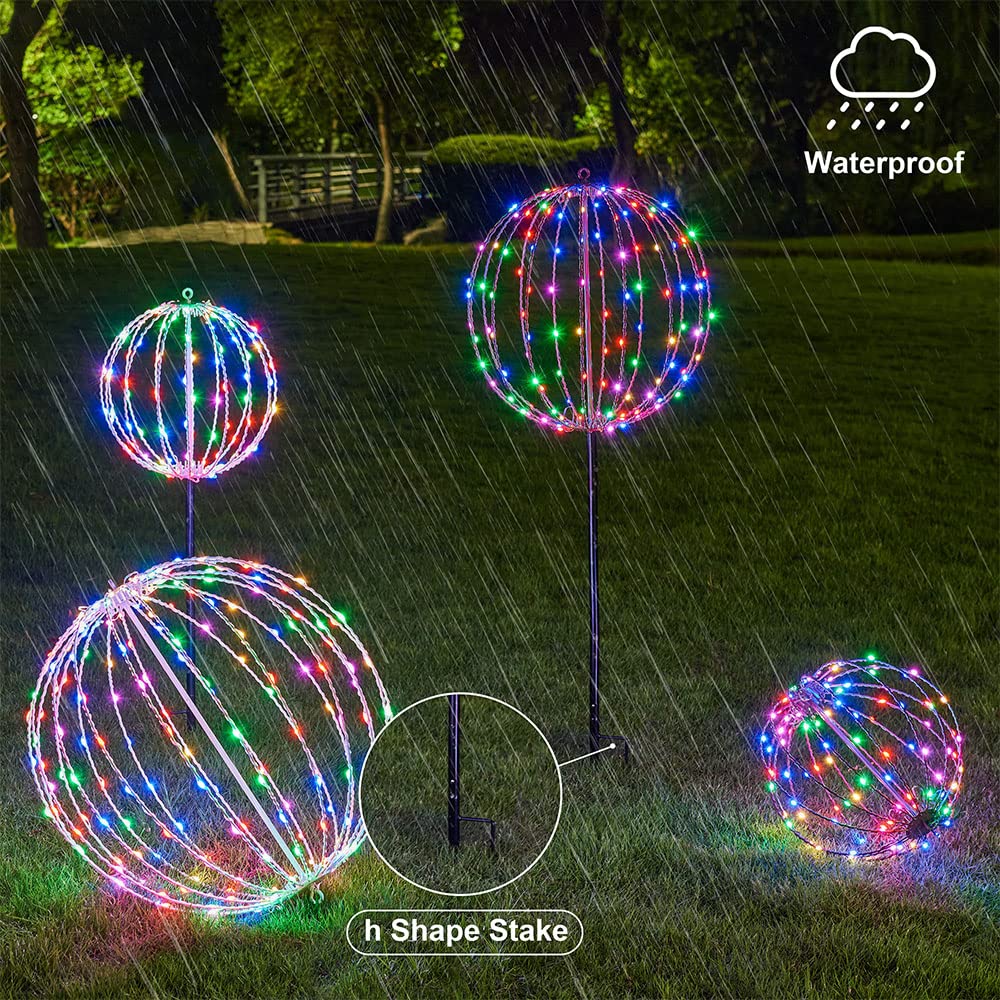 Lightshare 10IN 48LED Light Ball Yard Decoration Pathway Lights Sphere Light with Fold Flat Metal Frame Indoor Outdoor Waterproof Garden Lights, Plug in