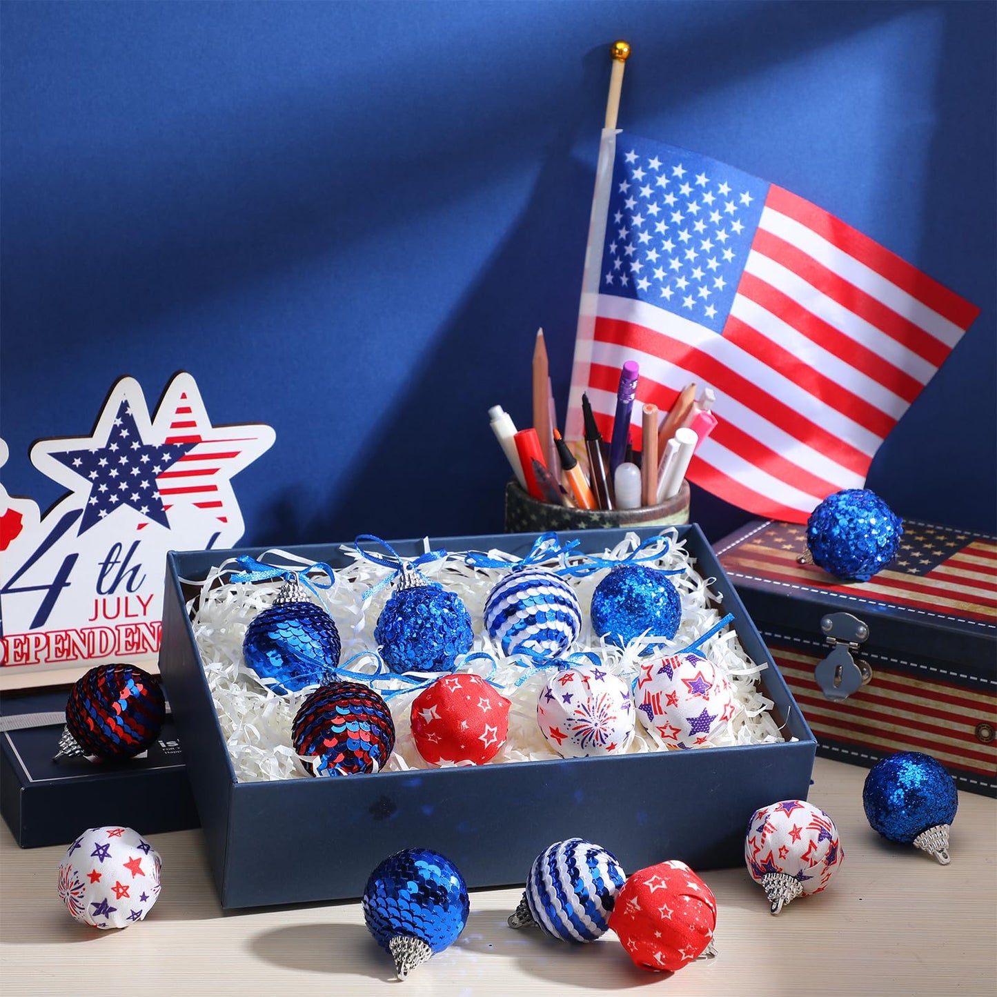 Riceshoot 16 Pcs 4th of July Patriotic Hanging Ball 1.97" Independence Day Sequin Hanging Ball Ornament Red White Blue Tree Decorations for 250th Anniversary Patriotic USA Themed Party Supplies