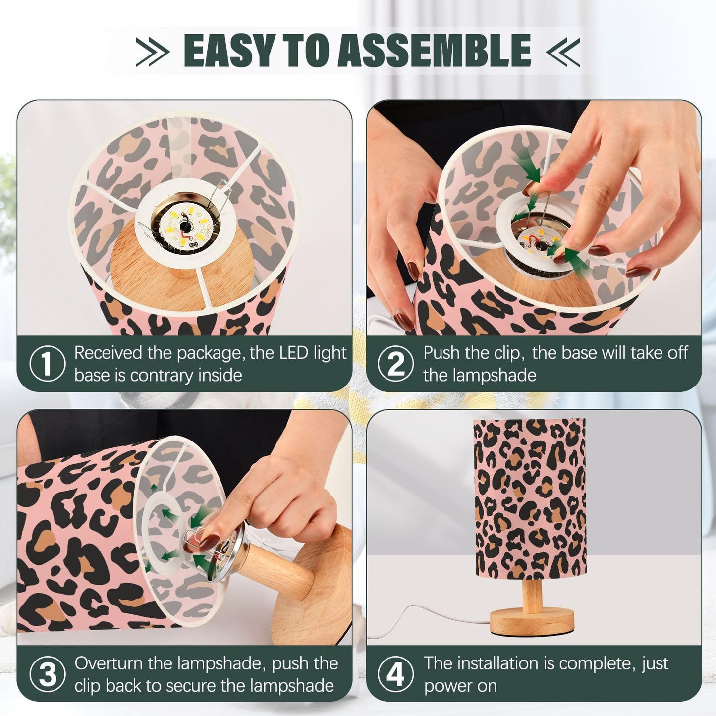 Oarencol Bedside Table Lamp Pink Leopard Nightstand Lamp with Wood Animal Cheetah Print Desk Lamps for Bedroom Living Room Nursery Office Home Decor