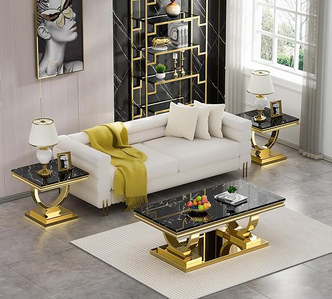 Henf Marble End Table Modern Black Faux Marble Sofa Side Table