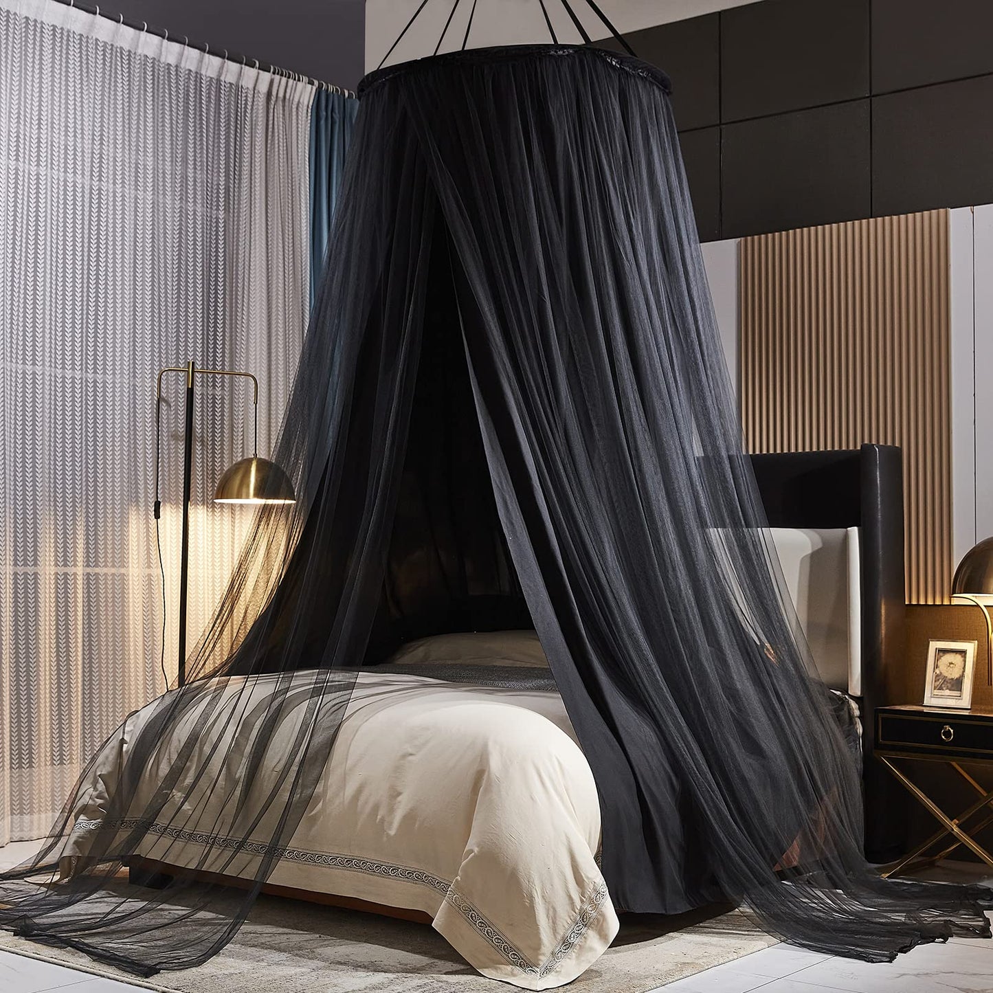 Kertnic Luxurious Bed Canopy for Girls & Adults - Double Layer Princess Canopy with Lace, Round Dome Mosquito Netting for Queen/King Bed Tent (Black)