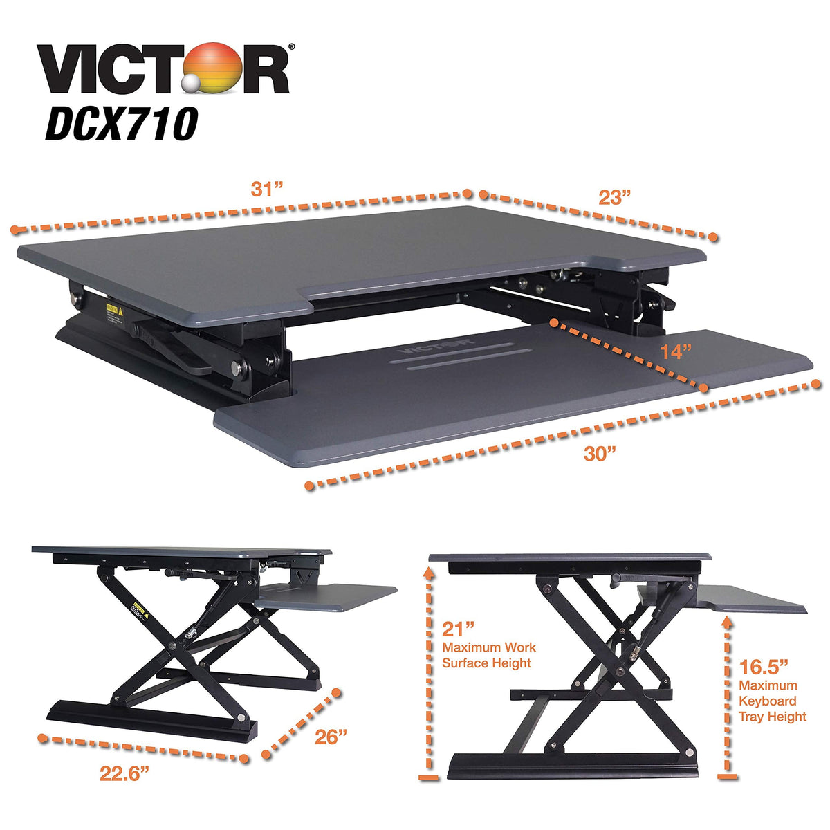 Victor DCX710G High Rise Collection Height Adjustable Standing Desk with Keyboard Tray (Gray) - Sturdy Steel Frame, Dual Lever Release System, 2 Tiered Wooden Work Surface and Keyboard Tray, 31 Inches