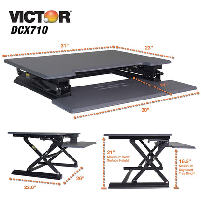 Victor DCX710G High Rise Collection Height Adjustable Standing Desk with Keyboard Tray (Gray) - Sturdy Steel Frame, Dual Lever Release System, 2 Tiered Wooden Work Surface and Keyboard Tray, 31 Inches