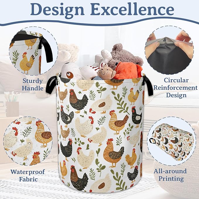 Rooster Hen Chick Laundry Basket, Foldable Waterproof Oxford Cloth Tote Bag