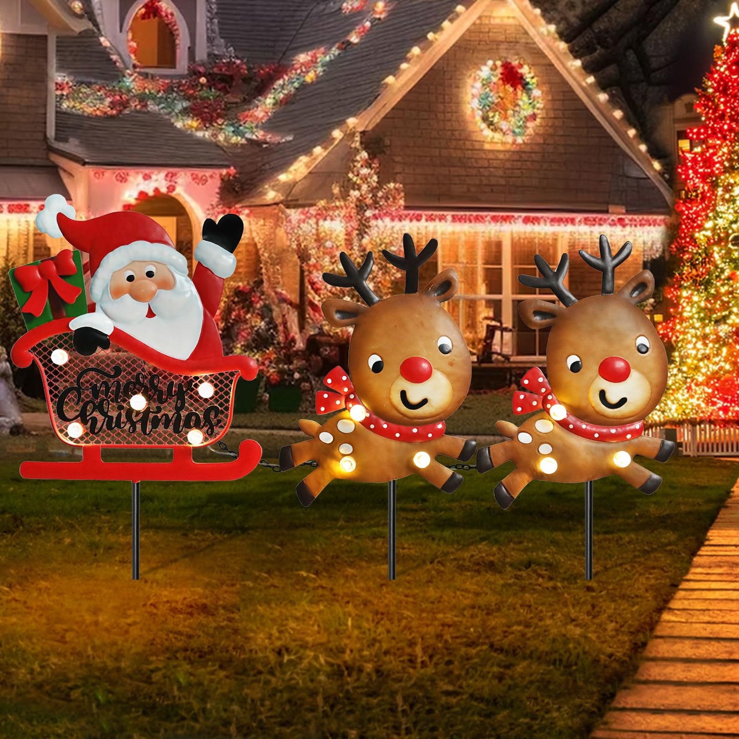 WONDER GARDEN Christmas Metal Yard Stakes, Lighted 3 Pack Christmas Garden Stakes Yard Signs, Outdoor Decorations with Santa Sleigh and Reindeer for Lawn Party Outside