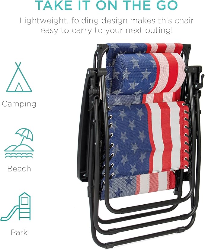 Best Choice Products Folding Zero Gravity Outdoor Recliner Patio Lounge Chair w/Adjustable Canopy Shade, Headrest, Side Accessory Tray, Textilene Mesh - American Flag