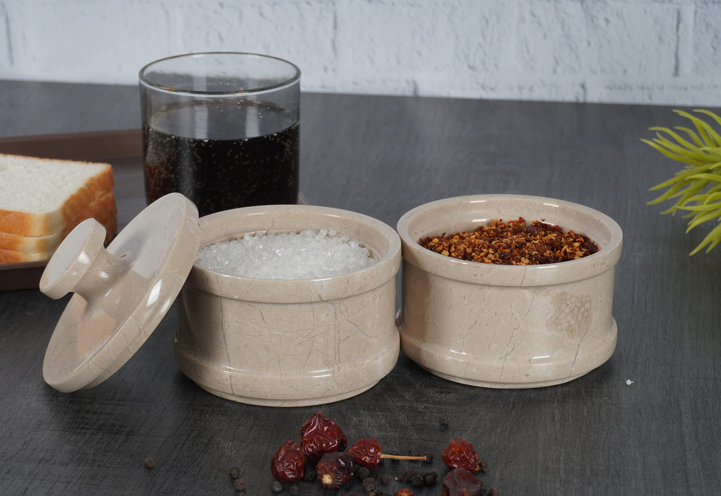 Radicaln Handmade Marble Brown 5” Dual Salt Cellar & Brown Sugar Keeper – 2” Each Herb Jar Salt Dish Kitchen Accesorries – Ideal For Jewelry, Butter, Sugar & Home Décor