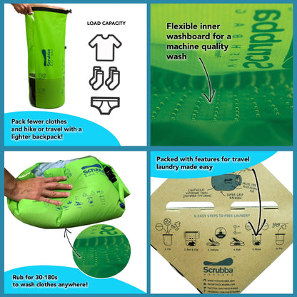 Scrubba Portable Wash Bag Untouched Kit (5 Pieces) – White Undyed, Unbleached, Hand Washing Machine System for Hotel, Hiking & Travel Wash – Light and Small Eco-friendly Camping Washer and Dryer