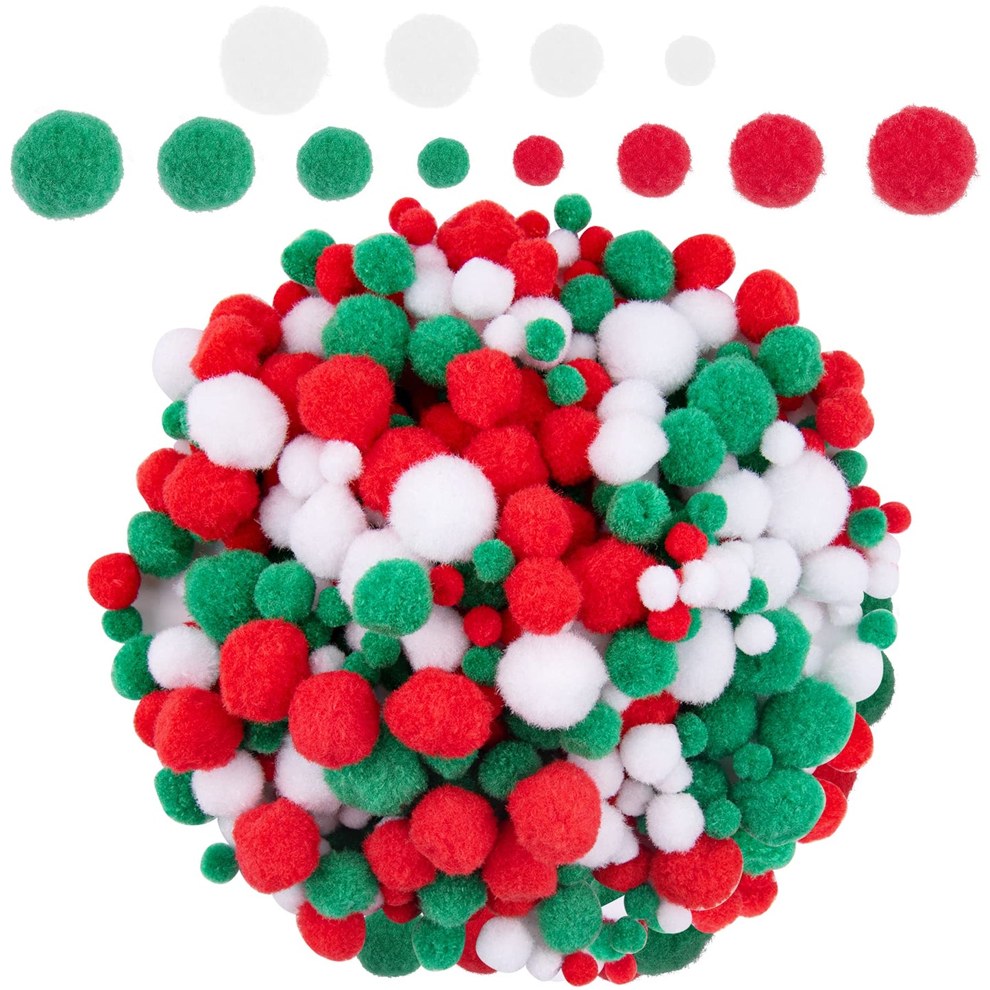 BQTQ 1200 Pieces Christmas Pom Pom Tinsel Balls Glitter Fluffy Pompoms for Craft Making and Party Decorations (4 Sizes, White, Green, Red)