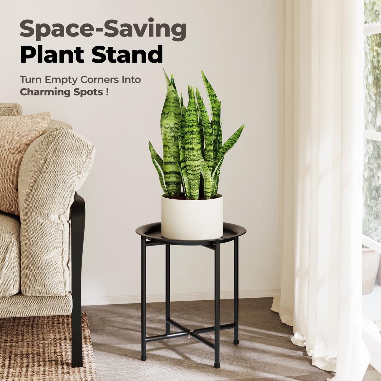 Bamworld Plant Stand Indoor Tall Plant Table for Large Plants Outdoor Plant Stool Metal Plant Holder for Patio Garden Balcony Living Room Black