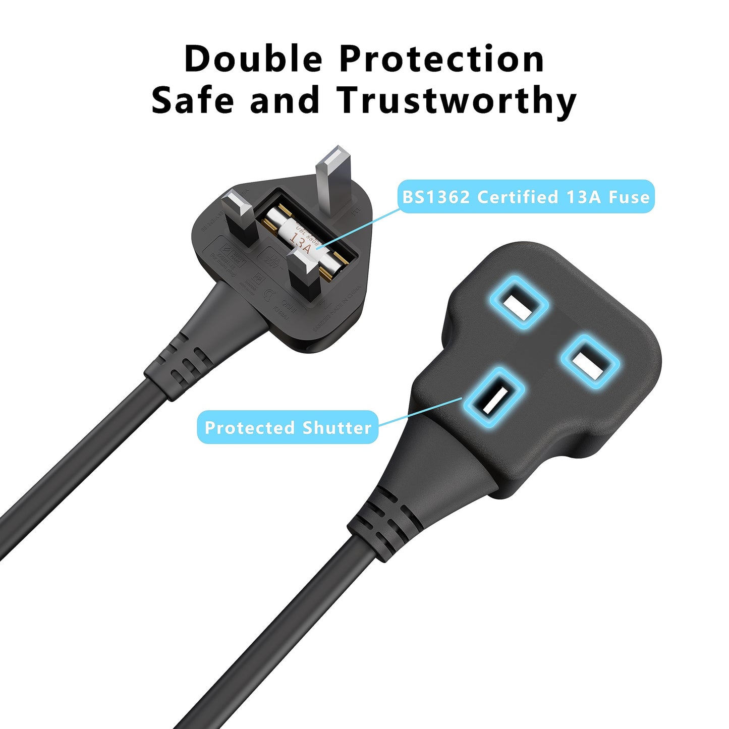 1 Meter Short Extension Lead Single Plug Socket Power Cable 13 Amp Extension Cord Electrical Socket Black