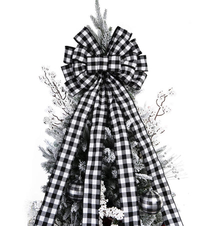Christmas Checked Tree Topper,48x13 Inches Large Toppers Bow,Black and White Plaid Buffalo Decorative Bows for Christmas Decoration (Black and White Plaid)