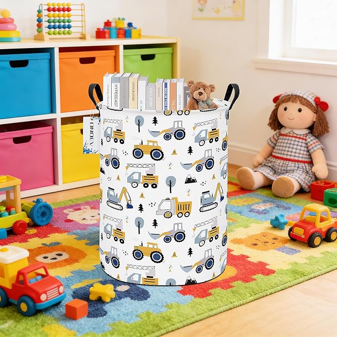 Round Foldable Laundry Hamper Kids Forest Vehicles Excavator Boys Gift Basket