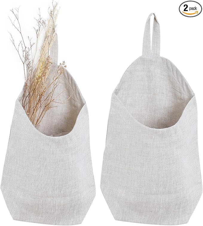 100% Linen Hanging Storage Bags Baskets 2 Pcs, Small Wall Storage Bag