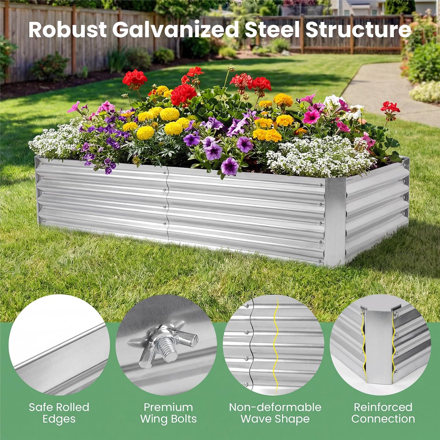HAPPYGRILL Raised Garden Bed with Cover, Galvanized Metal Planter Box Kit w/2 Large Zipper Mesh Screen Windows, Outdoor Raised Beds for Gardening, Flowers, Vegetables (Silver)