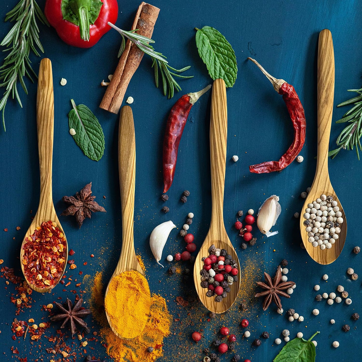 WONDERFUL 100% Olive Wood Spoon, 7 Inch Wooden Spoons for Eating, Perfect for Mustard/Sugar/Salt/Soup/Honey/Tea/Coffee/Dessert, Safe & non-toxic Spoons for Kids (Spoon: 4 pcs)