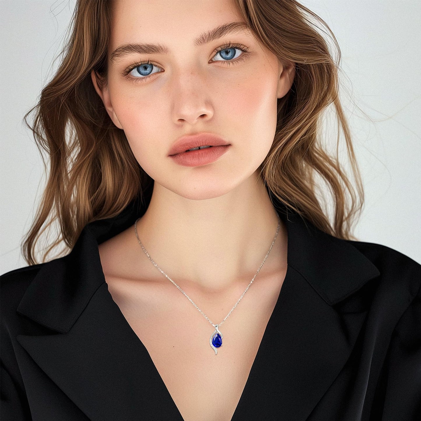 FANCIME September Birthstone Necklace for Women Teardrop Sapphire Necklace S925 Sterling Silver Gentle Love Birthday Gifts for Mom Women, 16"+2" Inches