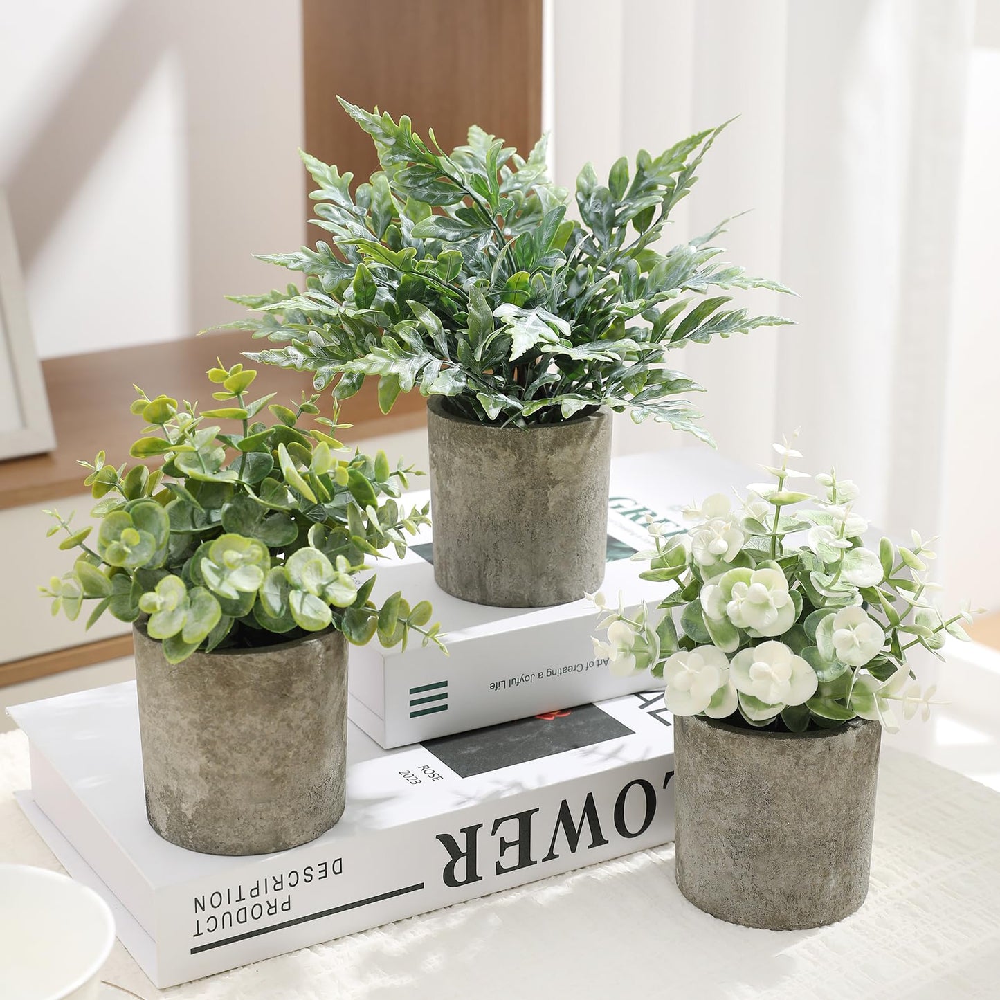 RUIDKUN 3 Pack Mini Potted Fake Plants Artificial Plastic Indoor Eucalyptus Plants for Home, Office, Desk, Bathroom, Coffee Table & Shelf (Green)