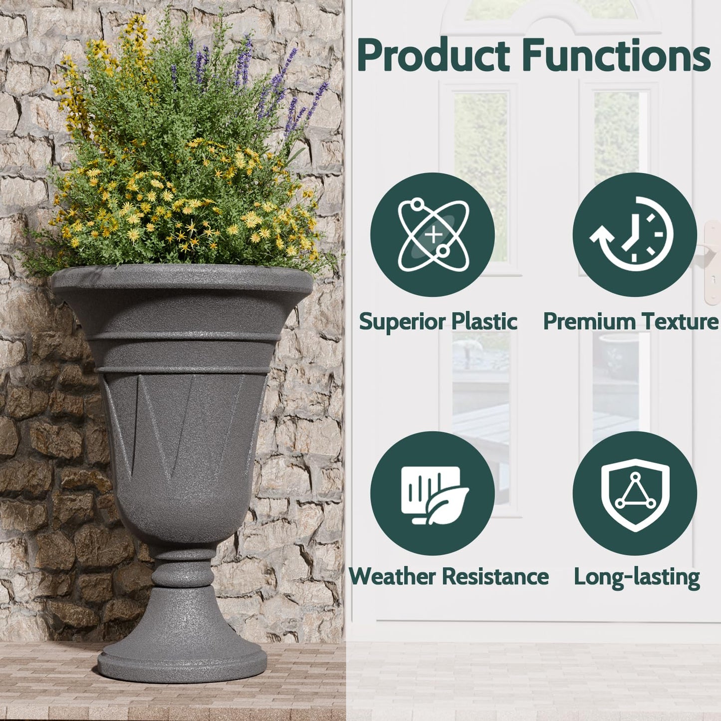 Trygoal 23.6" Tall Plastic Urn Planters for Outdoor Plants, Set of 2 Heavy-Duty Classic Indoor Large Flower Pots with Drainage Holes & Trophy Design, Outdoor Planters for Porch, Home Garden, Dark Grey