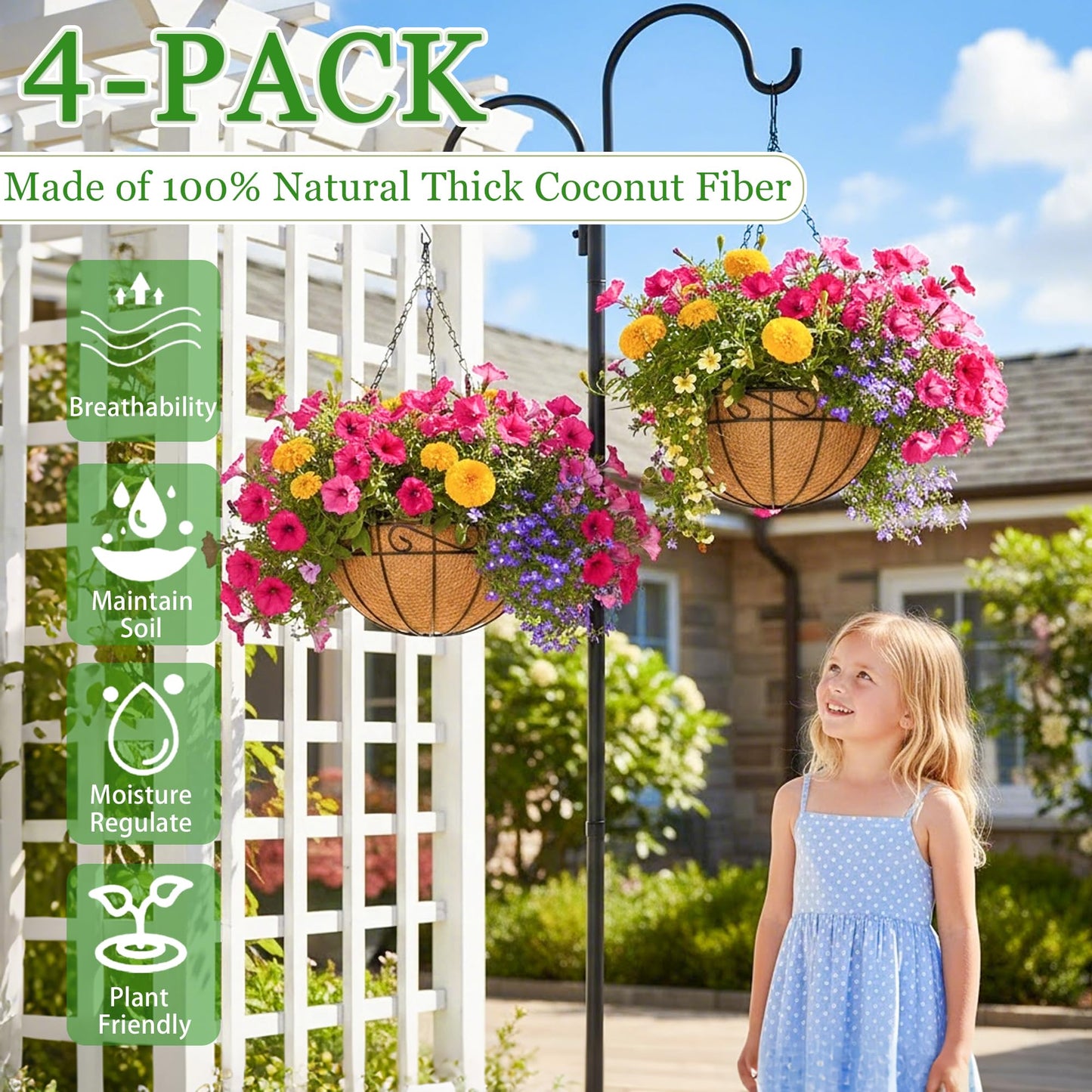 Hanging Planters for Outdoor Plants 4 Pack 14 inch Metal Hanging Flower Basket with Coco Coir Liner Wire Plant Holder Watering Flower Baskets Pot Hanger Garden Decoration for Indoor Outdoor(HBL)