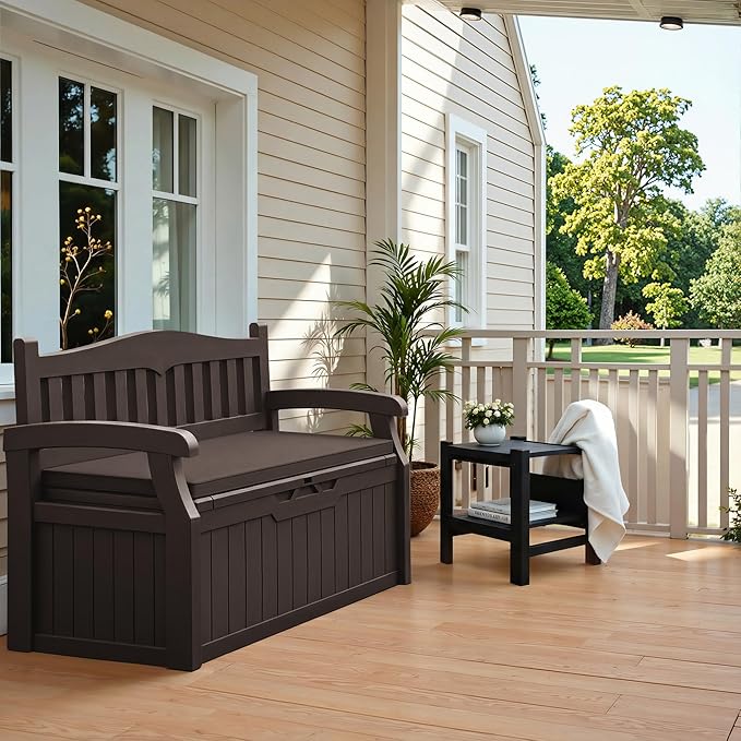Flamaker 80 Gallon Storage Bench with Cushions Outdoor Indoor, Durable All-Weather Seating with Hidden Storage, Lockable Deck Box for Garden, Patio, Poolside (Brown)
