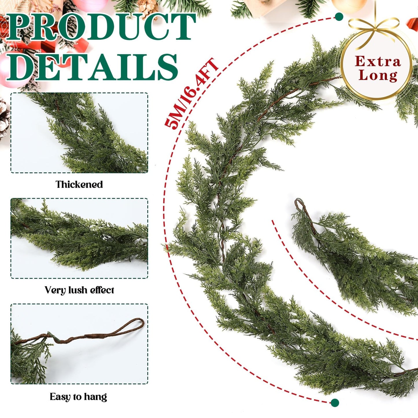 Suncalla 17 Extra Long Christmas Artificial Cedar Pine Cypress Garland with Ribbons and Bells Christmas Pine Decorations for Stairs Indoor Outdoor Wall Table Mantel Fireplace Xmas Decor
