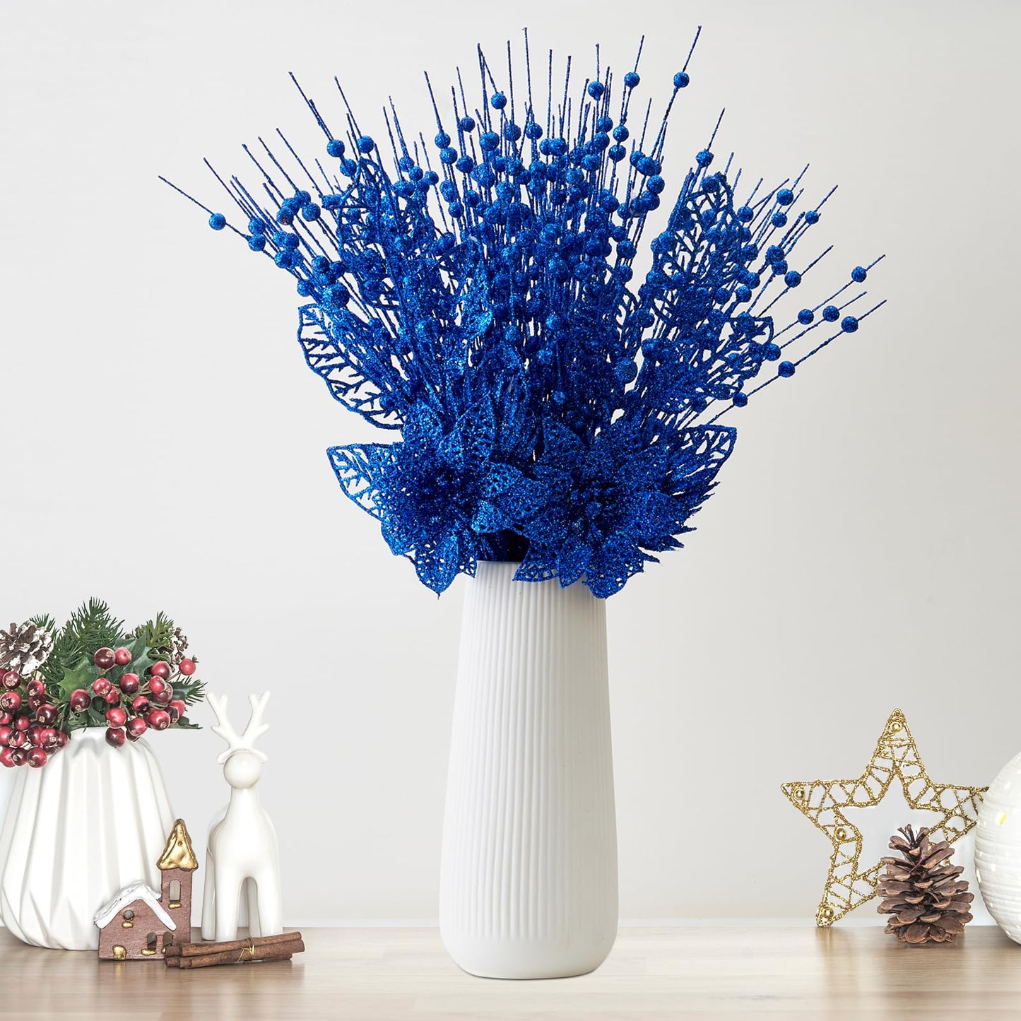 24 Pack Christmas Tree Ornaments - Artificial Flowers Glitter Berry Stems Christmas Floral Picks Branches for Xmas Tree Decorations Vase Filler Holiday Wedding Party Home Decor (Blue)