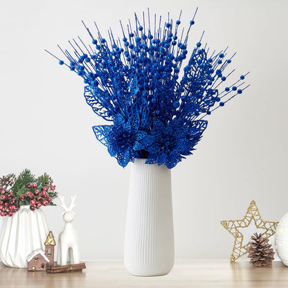 24 Pack Christmas Tree Ornaments - Artificial Flowers Glitter Berry Stems Christmas Floral Picks Branches for Xmas Tree Decorations Vase Filler Holiday Wedding Party Home Decor (Blue)