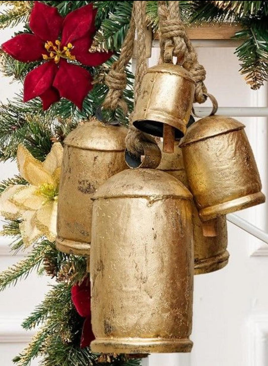 Large Vintage Gold Cow Bells for Rustic Christmas Decor Hanging Bells on Rope Set of 3 Harmony Cow Bells Vintage Handmade Rustic Lucky (Set of 3, 6,8,10 inches)