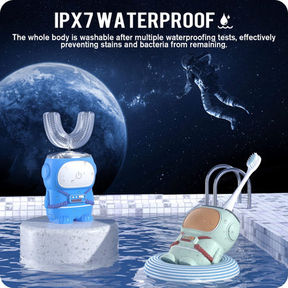 RexCodar Ultrasonic Kid's U-Shaped Electric Toothbrush, IPX7 Waterproof, Five Cleaning Modes, 60S Smart Reminder (Blue Ages 6-12)