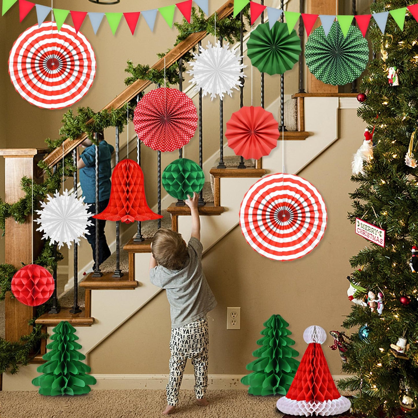 Ahfulife Christmas Party Decorations Supplies Set, Reusable Xmas Decor Kit Indoor - Merry Christmas Sign Banner for Home, Xmas Pennant Banner, Hanging Paper Tissue Fan Tree Garland
