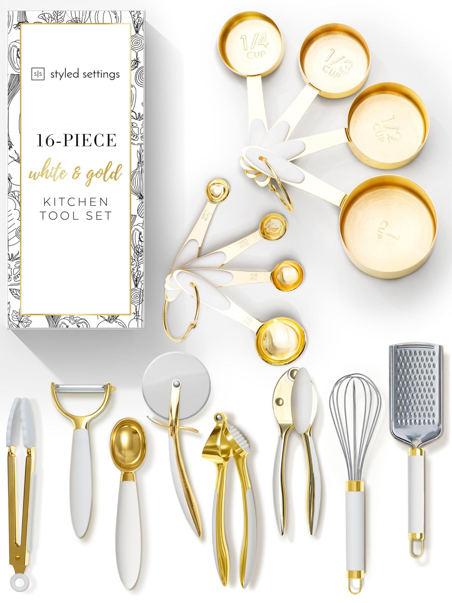 White & Gold Cooking Utensils Set - Luxe 8-Piece Kitchen Gadget Set Includes Can Opener, Tongs and Garlic Press - Stylish White and Gold Kitchen Accessories for Modern Kitchens, Ideal for Gifting