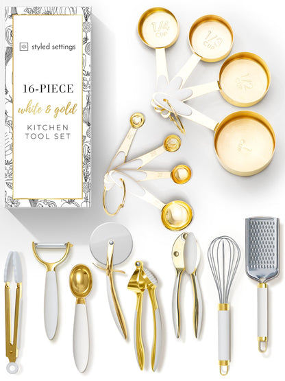 White & Gold Cooking Utensils Set - Luxe 8-Piece Kitchen Gadget Set Includes Can Opener, Tongs and Garlic Press - Stylish White and Gold Kitchen Accessories for Modern Kitchens, Ideal for Gifting