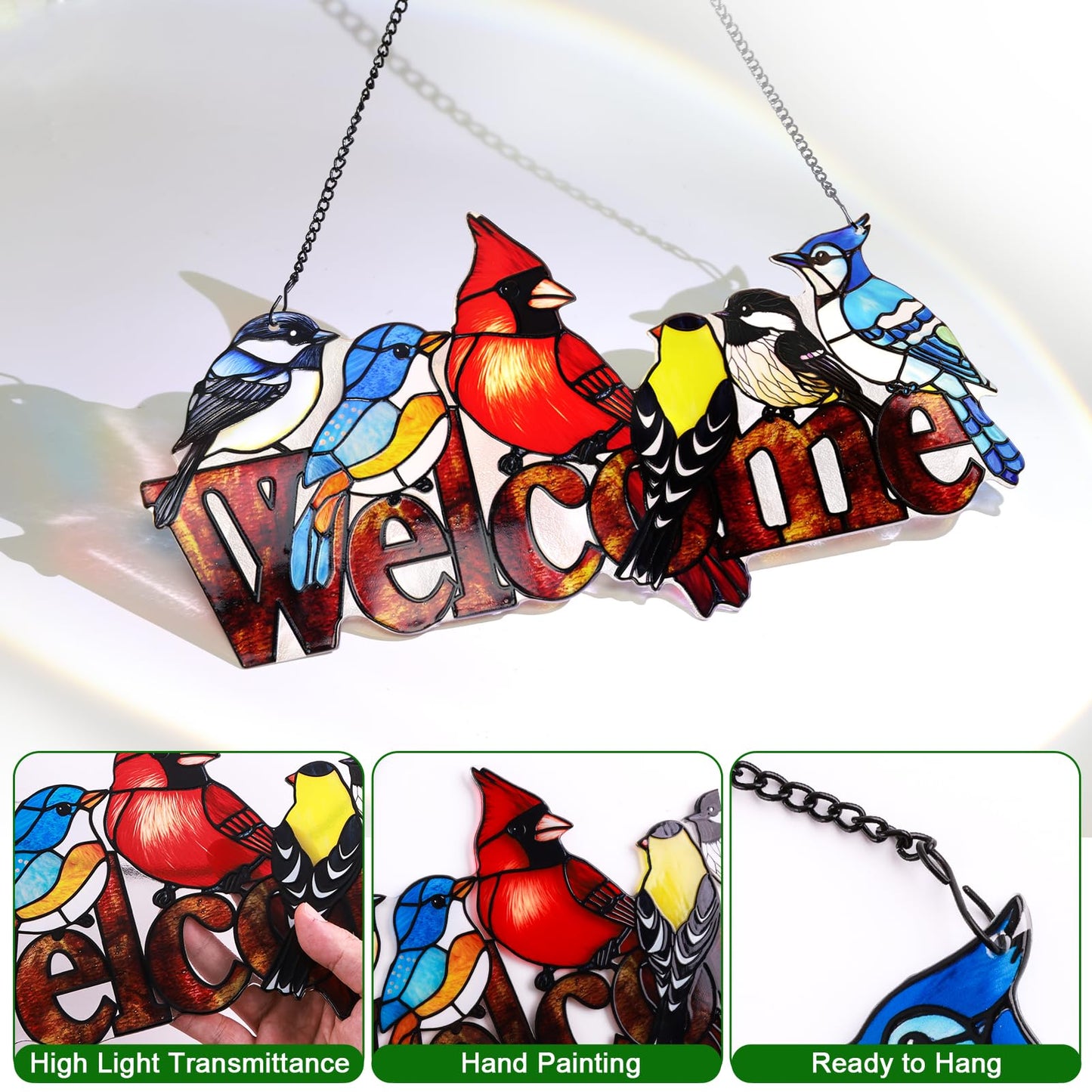 Remiawy Cardinal Stained Glass Window Hanging, Six Birds on Welcome Sign with Metal Chain and Hooks Window Decor Ornament Gift for Bird Lover Grandma Mother's Day Christmas
