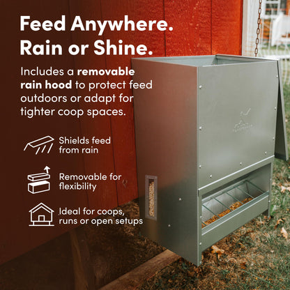RentACoop Metal Trough Feeder with Lid & Rain Cover – Galvanized Steel, Gravity-Fed – Side View Window – Moveable Grate for Easy Cleaning – Suitable for Chickens, Ducks, Poultry & More – 50lb Capacity