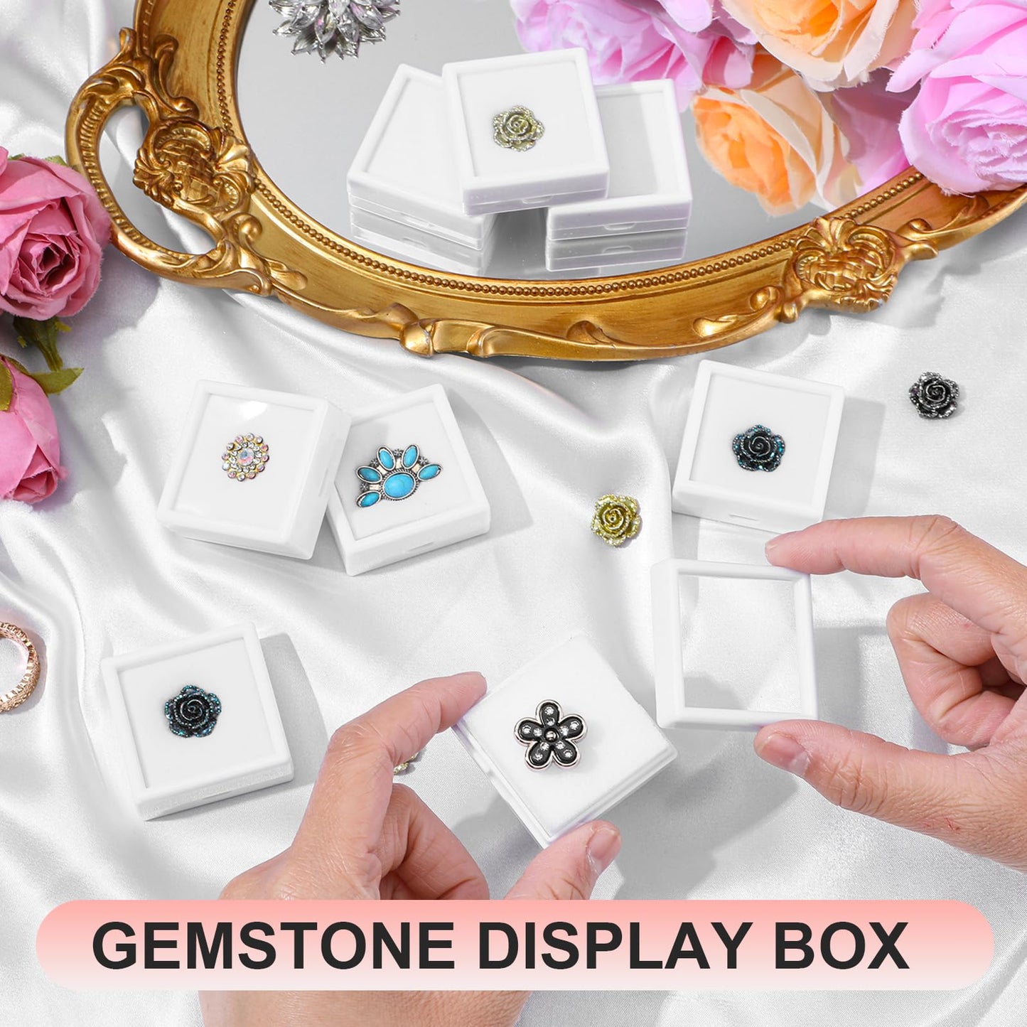 HOFURME 36 Pcs White Gemstone Display Box Jewelry Box Container with Clear Top Lids Bulk 1.6'' x1.6 x 0.6'' for Gems Diamond Coins Gift Packing Ring Home Shop (White)
