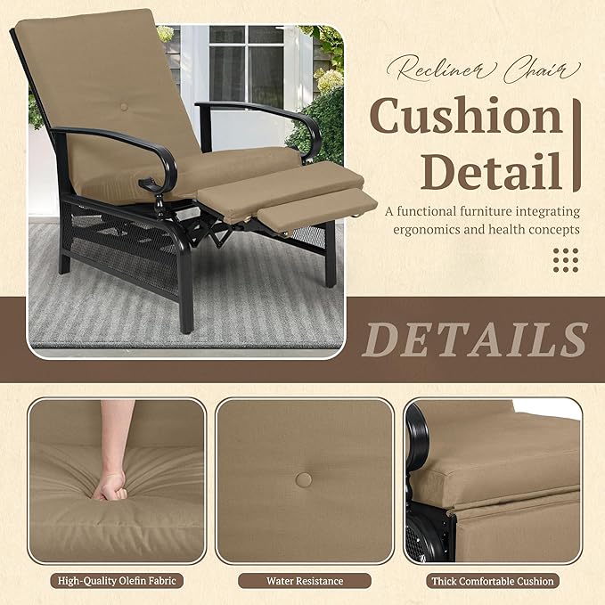 Oakcloud Adjustable Outdoor Lounge Chair Metal Patio Relaxing Recliner Chair Set with Bistro Table and Removable Cushions(Brown)