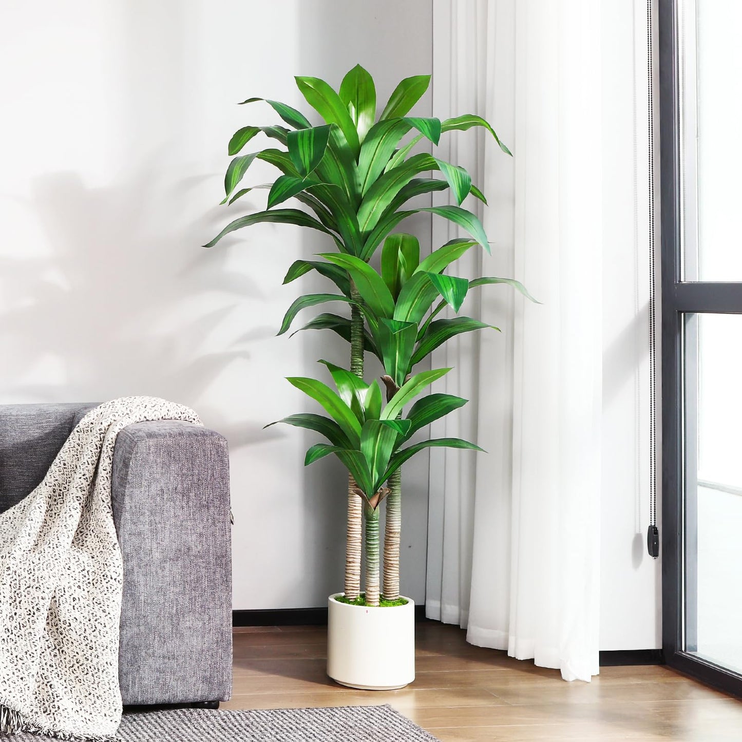OAKRED Artificial Dracaena Tree 5ft, Tall Fake Dracaena Plants with White Planter, Faux Dragon Tree Indoor Floor Plant for Home Decor Office Living Room Porch Housewarming, 1Pcs