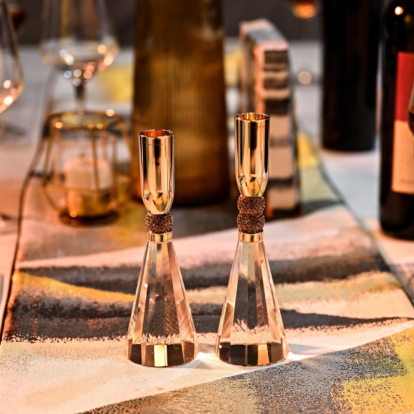 idyllictime Candle Holder Crystal K9 Heavy Base for Table Decorations Christmas Party Wedding Halloween Décor Set of 2 (Gold)